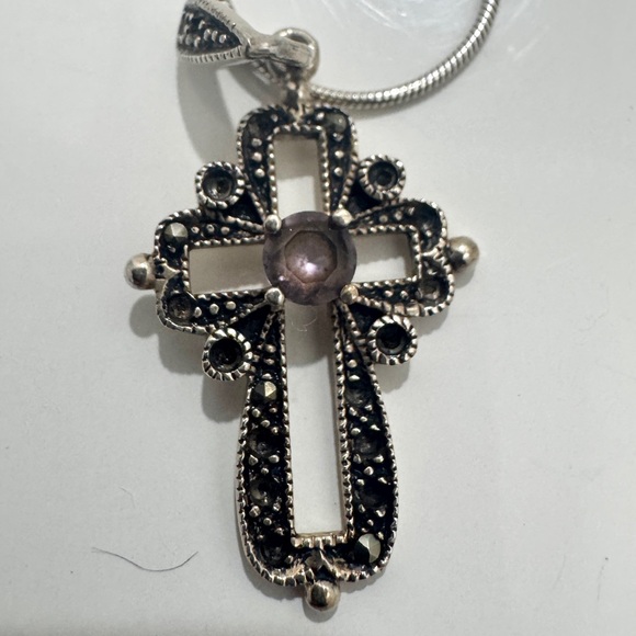 925 Sterling Silver Jewelry - Marcasite 925 Silver and Black Cross Pendant Necklace